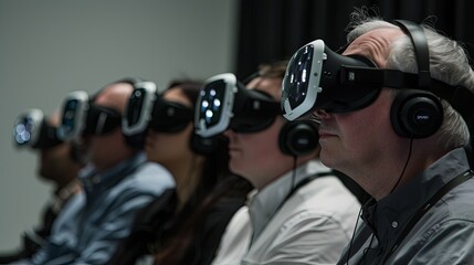 A diverse group of adults is seen participating in a virtual reality session, wearing VR headsets and headphones for an immersive group experience.
Adults Engaged in a Group Virtual Reality Experience