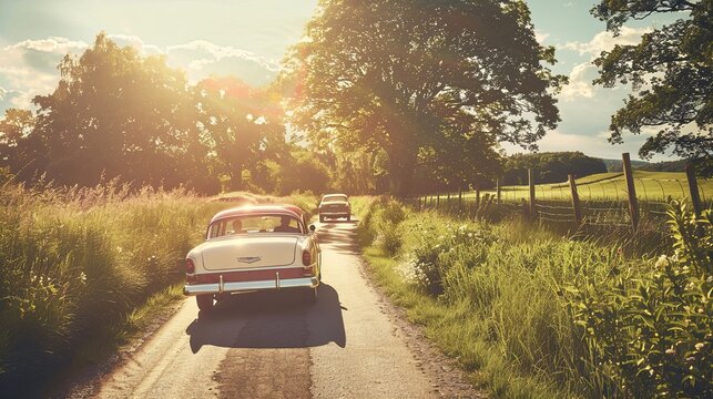 Fototapeta Classic vintage cars cruising down a picturesque country road, bathed in the golden light of a peaceful sunset. Classic vintage cars cruising down a picturesque country road, bathed in the golden lig 