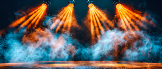 The spotlight on a stage show, where smoke and lights create an atmosphere of anticipation and excitement for the nights performance