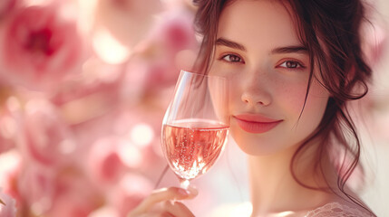 Young Woman Enjoying Rosé Wine, Elegant Lady with Glass of Wine, Portrait of Woman with Spring Blossoms