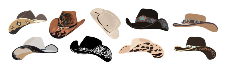 Set of different cowboy hats with traditional western decorations. Wild west fashion style. Vector realistic illustrations isolated on transparent background. - obrazy, fototapety, plakaty
