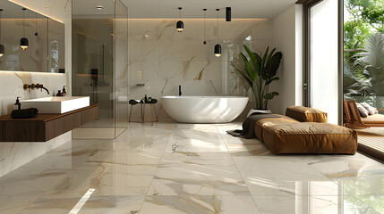 A sleek bathroom. Marble tiles interior design. Created with generative AI.
