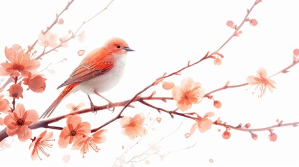 A whimsical and delightful Mother's Day card featuring a cute bird perched on a flowering branch, designed with sweetness on a minimalist white background, in realistic