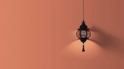 A Ramadan Kareem background for Islamic template design featuring a minimalist hanging lantern and ample copy space