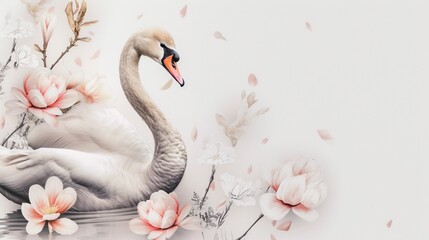 An elegant Mother's Day card featuring a graceful swan and floral elements, crafted with artistic flair on a clean white background, presented in breathtaking
