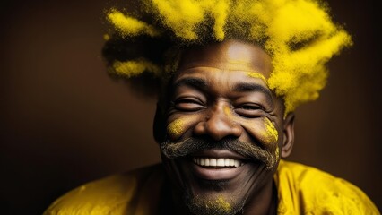 An African man painted in yellow is smiling.