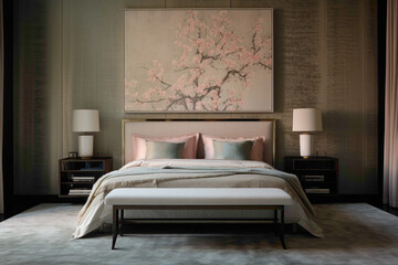 A peaceful bedroom ambiance with an empty frame against a wall featuring a subtle yet vibrant artistic mural.