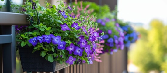 Fototapeta na wymiar Colorful blooming flowers displayed in a charming hanging basket outdoors on a sunny day