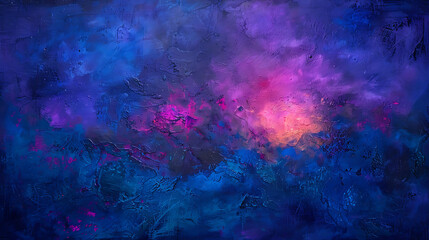 Enigmatic shades of dark blue, purple, and pink create a mysterious aura. Against a rough abstract background, bright lights and glow illuminate