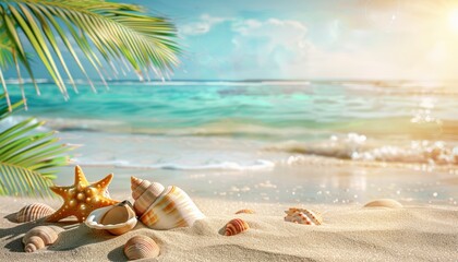 Fototapeta na wymiar Sfondo spiaggia tropicale soleggiata con foglie di palma e conchiglie in primo piano