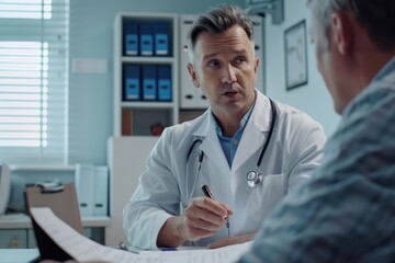 Medico professionista in uniforme medica bianca parla per discutere sintomi e da una raccomandazione a un paziente maschio e firma un documento medico durante una visita di appuntamento in clinica