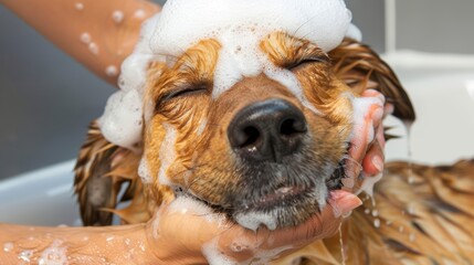 Cane viene lavato con cura durante una visita al salone di toelettatura