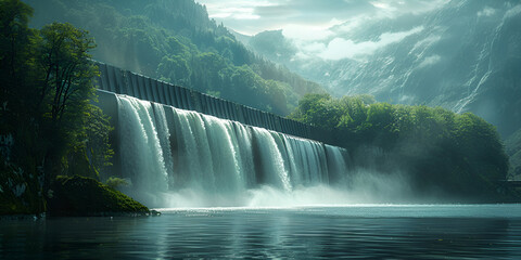 Dynamic Energy The Continuous Flow of Hydroelectricity dam water with plants on the both sides and beautifull landscape with mountains Ai Generative