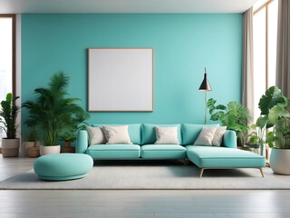 A contemporary living area with a big turquoise wall, simple furnishings, indoor plants, and a central blank mockup frame design.