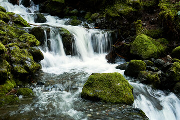 A beautiful waterfall rushing down a rocky river bed amongst rocks covered in brilliant greeen moss.