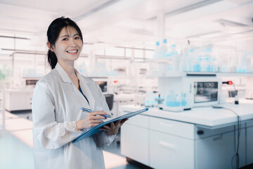 研究室で実験をする大学生の女性