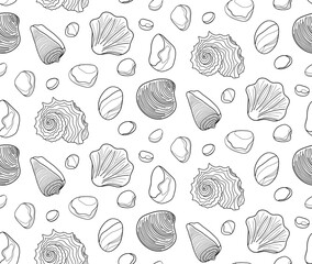 Naklejka na ściany i meble Seamless contour background with pebbles end shells, pattern with a variety of pebbles outline.
