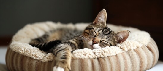Cute tabby cat napping peacefully in a rustic wooden bowl at home