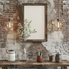 a mockup image of a 12x16 picture frame made of rustic barn wood, hanging on a rustic brick wall...