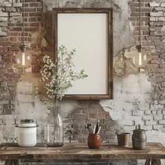 Papier Peint photo autocollant Mur de briques a mockup image of a 12x16 picture frame made of rustic barn wood, hanging on a rustic brick wall with concrete