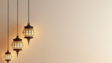 Obraz premium Ramadan Kareem background for Islamic template design, showcasing a minimalist hanging lantern with abundant copy space.