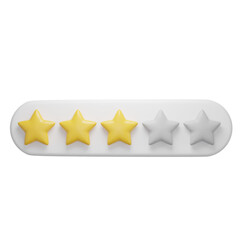 Three star rating, rate us, review 3d icon set isolated on transparent background. Customer feedback concept.  3d rendering