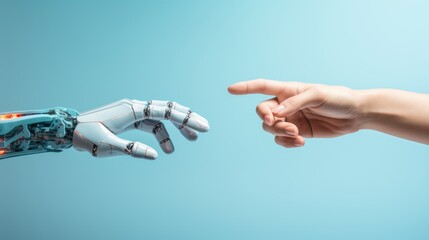 Robot and human hands are reaching each other on isolated blue background