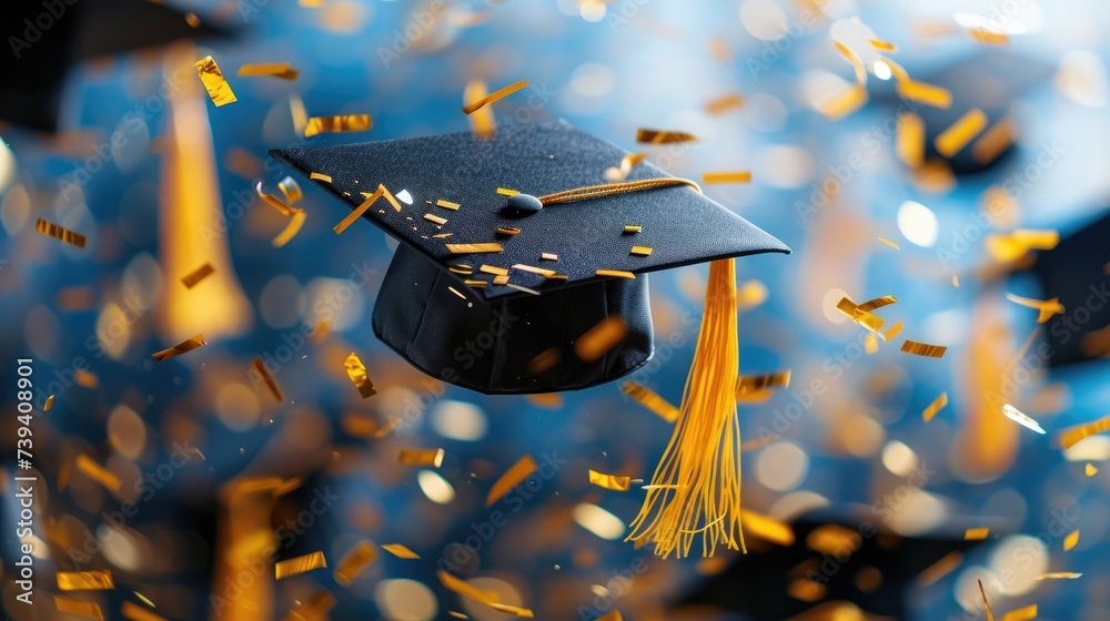 Wall mural Closeup thrown to the air graduation hat with confetti flying on the sky - Wall murals