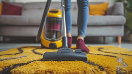Closeup cropped image of a woman cleaning the carpet with vacuum cleaner in a modern apartment - obrazy, fototapety, plakaty