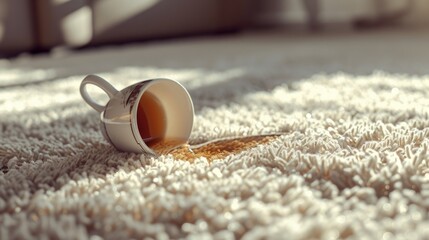 Closeup overturned cup with spilled tea on the white carpet surface