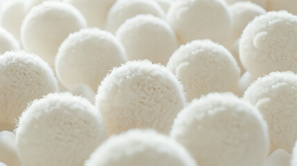 A vibrant field of white fluffy, round objects, closely packed to fill the entire view - obrazy, fototapety, plakaty