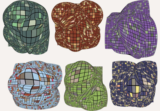 Set of Colored Geometric 3D computer modeled wire frame futuristic objects