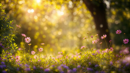 Fototapeta premium A sprawling field filled with an abundance of pink and purple flowers under a blue sky - Generative AI