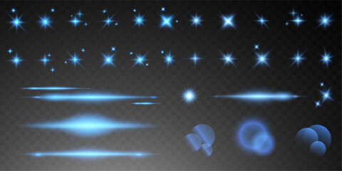 Set of realistic vector blue stars png. Set of vector suns png. Blue flares with highlights.	