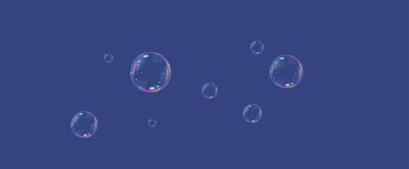 Realistic soap vector bubbles png isolated on transparent background. The effect of falling and flying bubbles. Glass bubble effect.	
