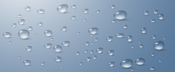 Realistic vector water drops png on a transparent light background. Water condensation on the surface with light reflection and realistic shadow. 3d vector illustration