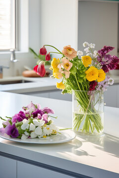 A pristine, minimalist kitchen with a burst of color from fresh flowers arranged on the countertop.