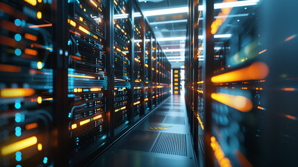 Futuristic Data Center with Rows of Blue Illuminated Server Racks.