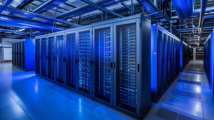 Futuristic Data Center with Rows of Blue Illuminated Server Racks.