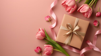 Elegant Mother's Day Concept with Tulips and Gift on Pastel Background.