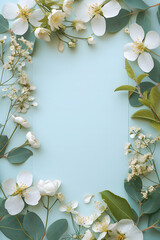 White Flowers and Green Leaves on Blue Background card