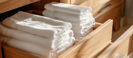 Rustic wooden cabinet filled with neatly folded towels and bath towels for bathroom storage