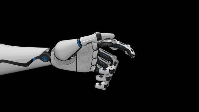 3d AI Animation robotic hand indicating to the right side with its index finger on black background