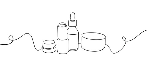 Skin care cosmetics set, a tube of face and body cream in line art style on a white background. Wrapping paper cosmetic background