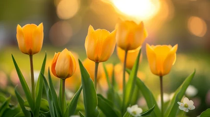 Tuinposter Spring tulips floral tulip flowers blooming in a tulip field, against the background of blurry tulip flowers in the sunset light. Fresh bright yellow spring tulips, Bouquet of spring tulips   © Sweetrose official 