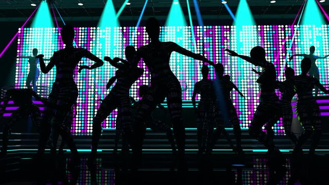 3d animation of women in colorful bar costumes dancing in a nightclub with colored dotted screen