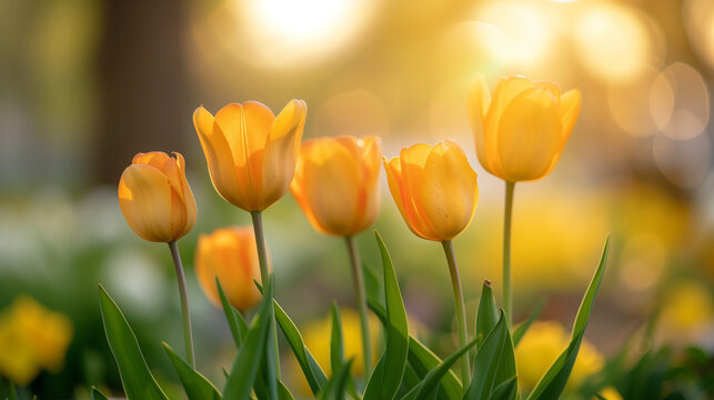 Spring tulips floral tulip flowers blooming in a tulip field, against the background of blurry tulip flowers in the sunset light. Fresh bright yellow spring tulips, Bouquet of spring tulips	
