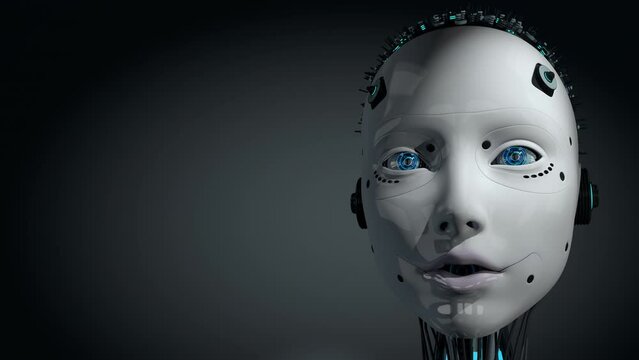 3d animation humanoid robot head talking while moving lips, eyes, blinking and lights on her head