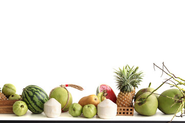 Rows of tropical fresh fruits isolated on white background, exotic delicious fruits on white.