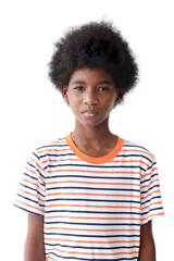 Portrait of joyful African boy with curly hair wearing a T-shirt while standing on white background. Photo of young kid.
